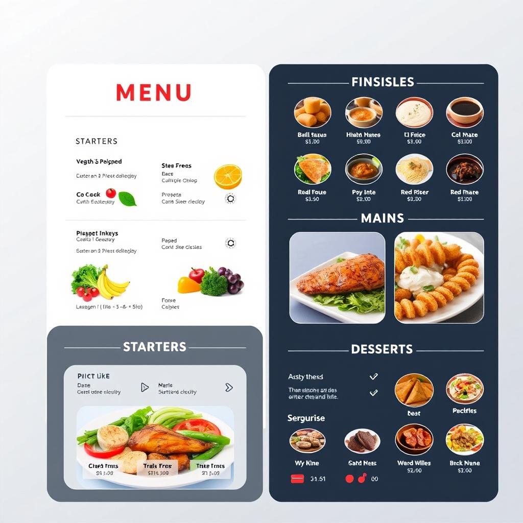 A sleek, modern digital menu design for a restaurant, showcasing a variety of customizable dishes