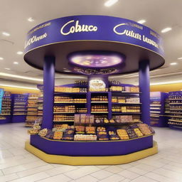 A Cadbury chocolate stand elegantly adorned in Ramadan-inspired motifs in a supermarket. The stand showcases shelves of delectable treats and projects a festive atmosphere with its Islamic-shaped design and Ramadan lanterns, all bathed in a warm light.