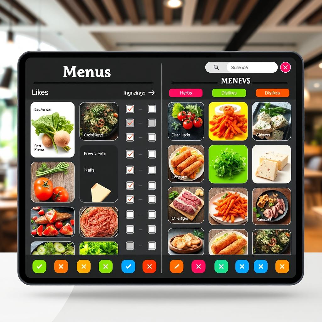 A visually appealing digital menu interface designed for a restaurant, featuring various food ingredients categorized into 'Likes' and 'Dislikes'