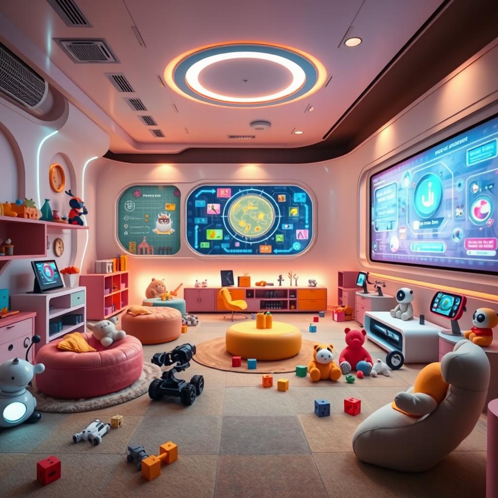 A vibrant and futuristic playroom, filled with high-tech gadgets and toys, featuring a large AI interface on the wall that displays colorful graphics and interactive elements