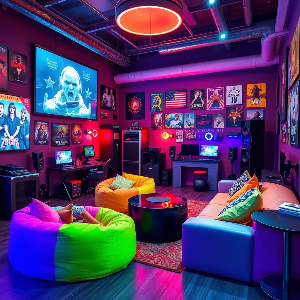 A vibrant and stylish playroom designed for teens, featuring modern furnishings and a high-tech AI interface seamlessly integrated into the space