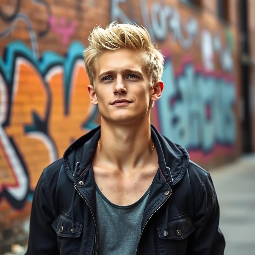 A 25-year-old blonde man with a stylish, slightly tousled haircut, standing confidently in an urban setting