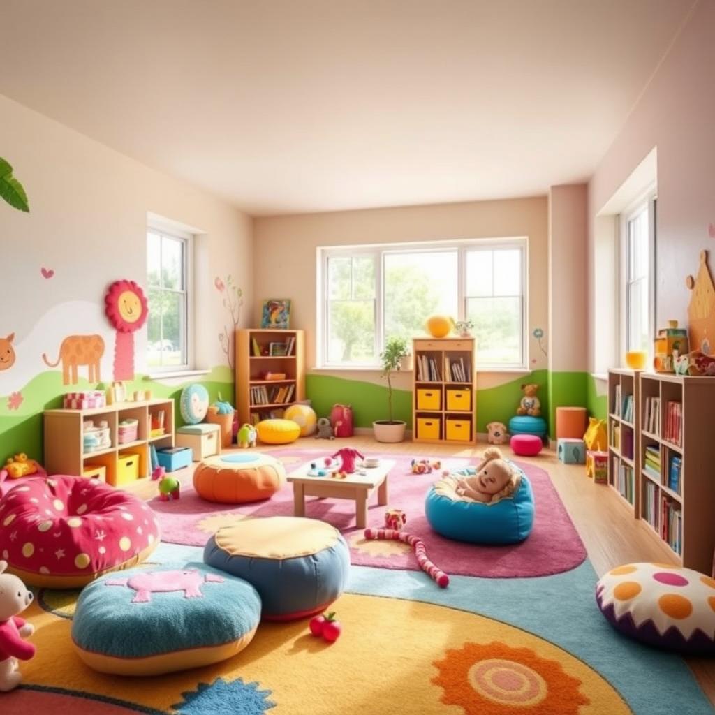 A vibrant and colorful playroom designed for toddlers, filled with soft toys, plush carpets, and child-sized furniture
