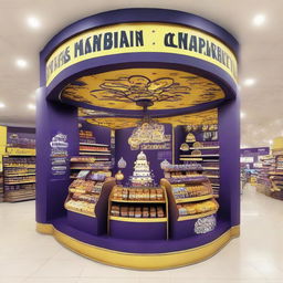 A Cadbury chocolate stand elegantly adorned in Ramadan-inspired motifs in a supermarket. The stand showcases shelves of delectable treats and projects a festive atmosphere with its Islamic-shaped design and Ramadan lanterns, all bathed in a warm light.