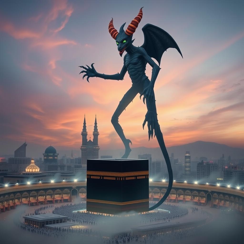 A surreal landscape depicting the city of Makkah, dominated by the striking Kaaba, surrounded by an ethereal atmosphere