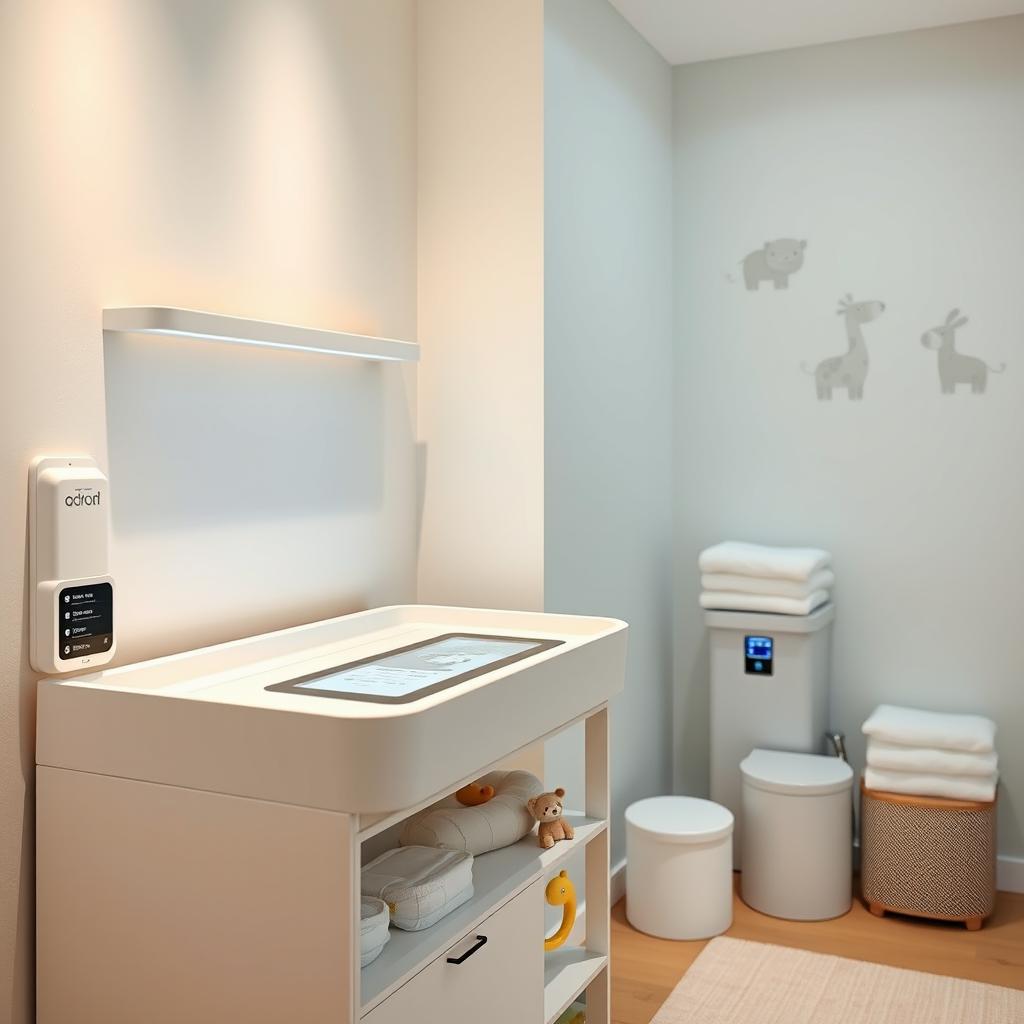 A modern baby changing room featuring a sleek AI interface integrated into the design