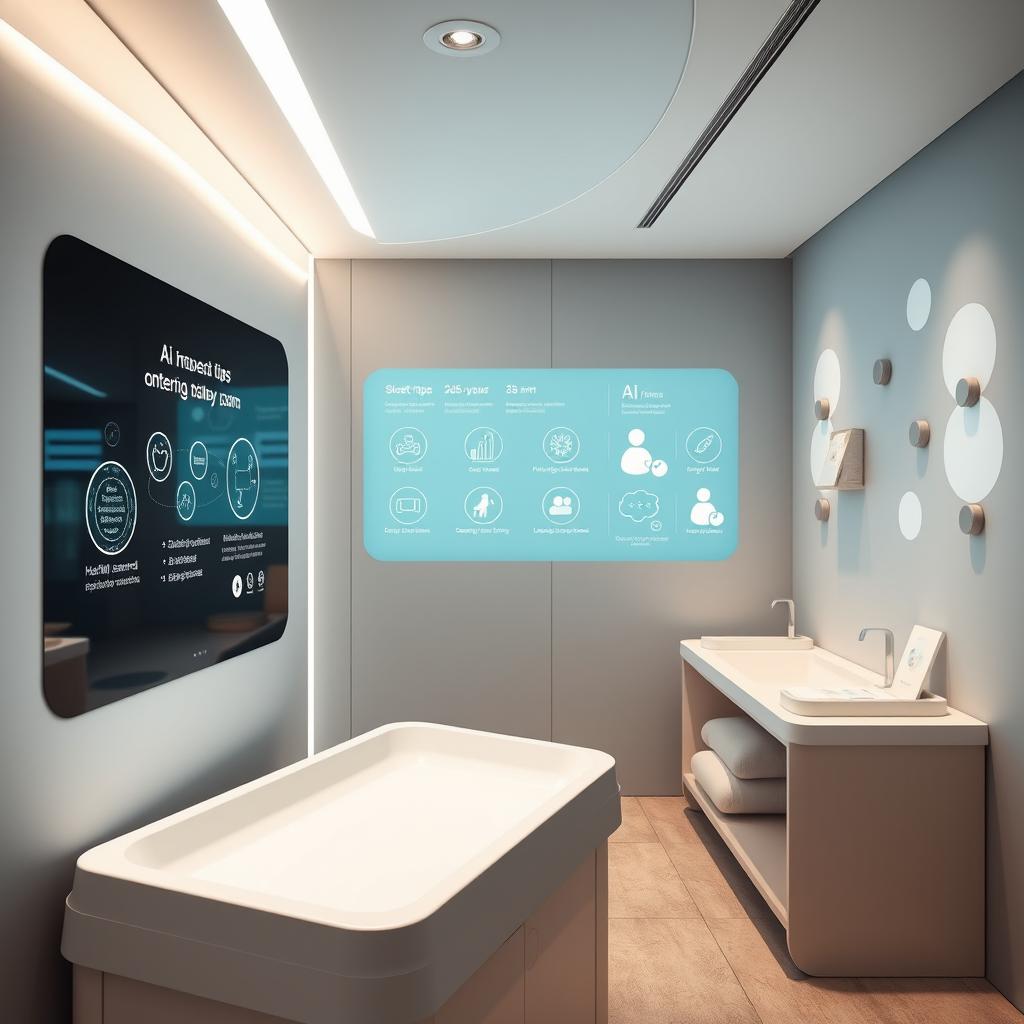 A modern baby changing room featuring an AI interface, showcasing sleek, futuristic design elements