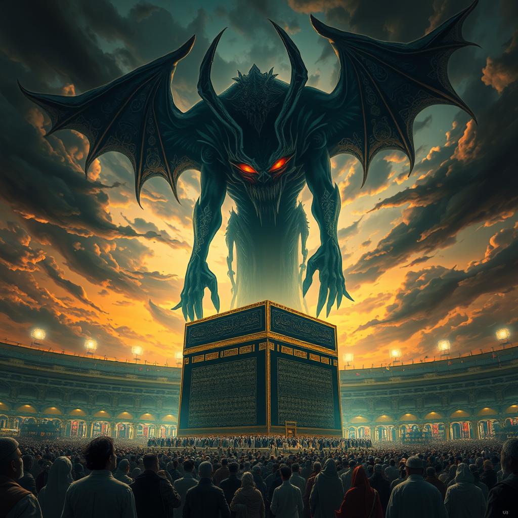 A surreal artistic depiction of Makkah featuring a large, shadowy, demonic figure looming over the sacred Kaaba