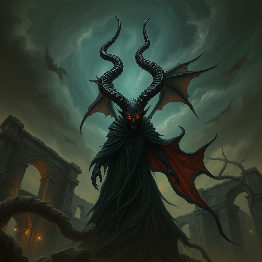 A fantastical reinterpretation of a dark, mythical figure inspired by the concept of a demon, set against a swirling, ominous stormy sky