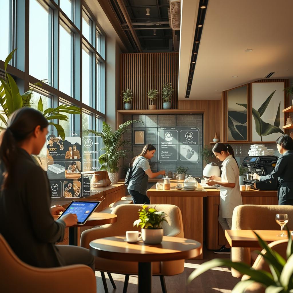 A modern cafe scene featuring an AI interface integrated into the environment, with sleek, futuristic design elements