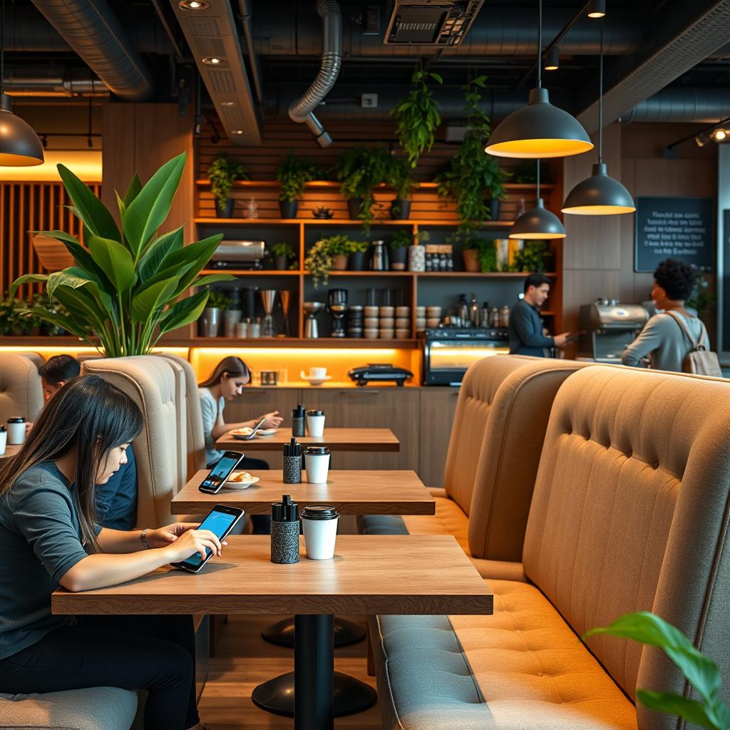 A cozy cafe interior with a modern design, featuring plush booths equipped with sleek AI interfaces on each table