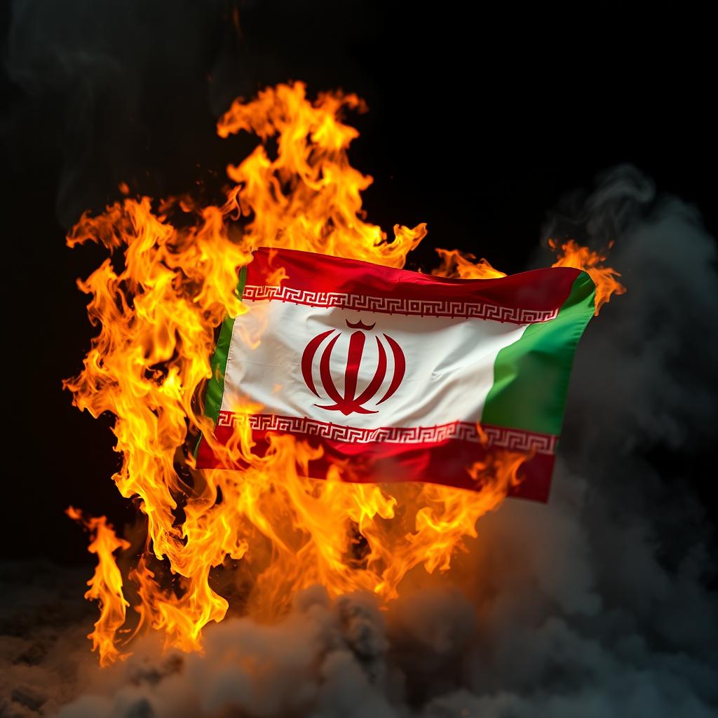 A striking image of the Iranian flag engulfed in flames, showcasing vibrant colors of green, white, and red rapidly turning to ash