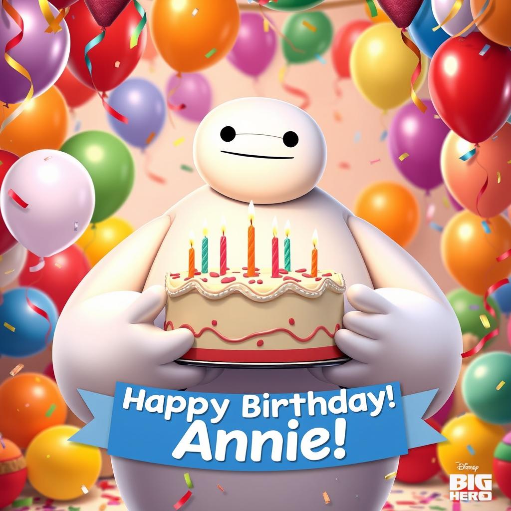 A vibrant birthday poster for Annie featuring Baymax from Disney's *Big Hero 6*