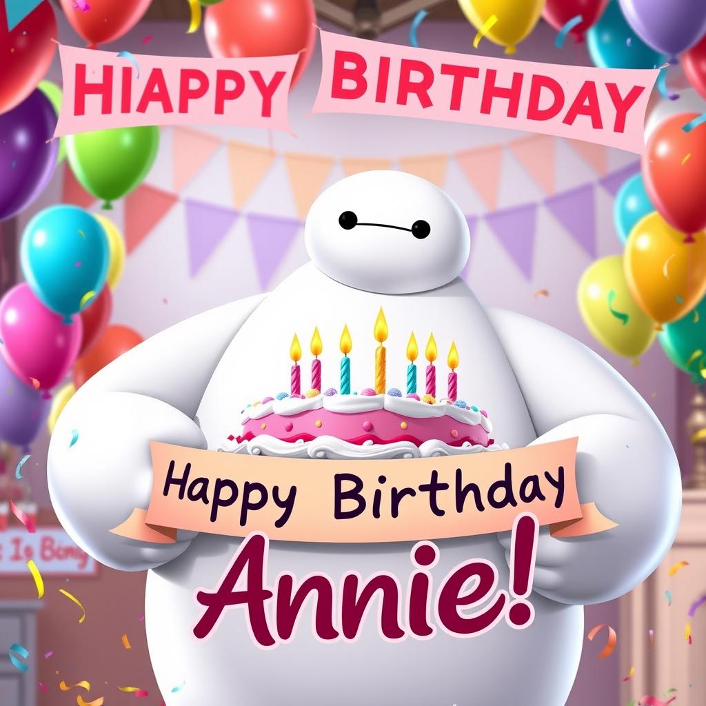 A joyful birthday poster celebrating Annie's 40th birthday, featuring Baymax from Disney's *Big Hero 6*