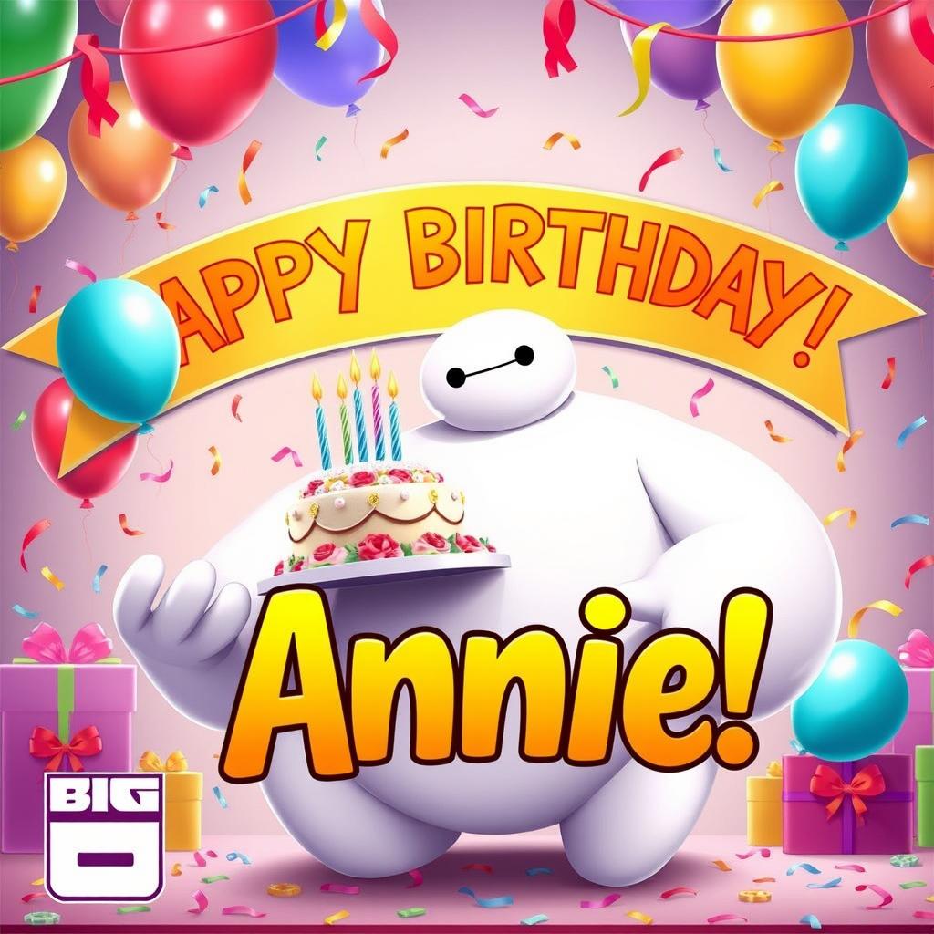 A festive birthday celebration poster for Annie, who is turning 40, featuring Baymax from Disney's *Big Hero 6*