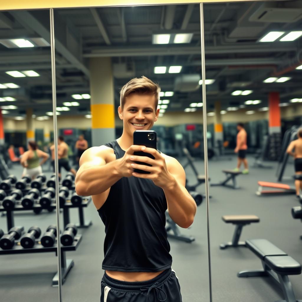 A person taking a selfie in a gym setting, standing in front of a large mirror