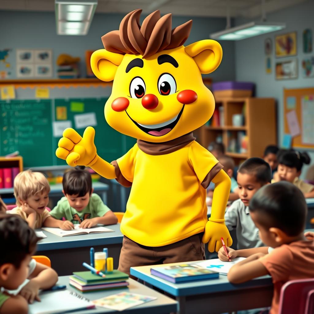 A friendly and lively classroom mascot named Caio, who embodies a student in the class