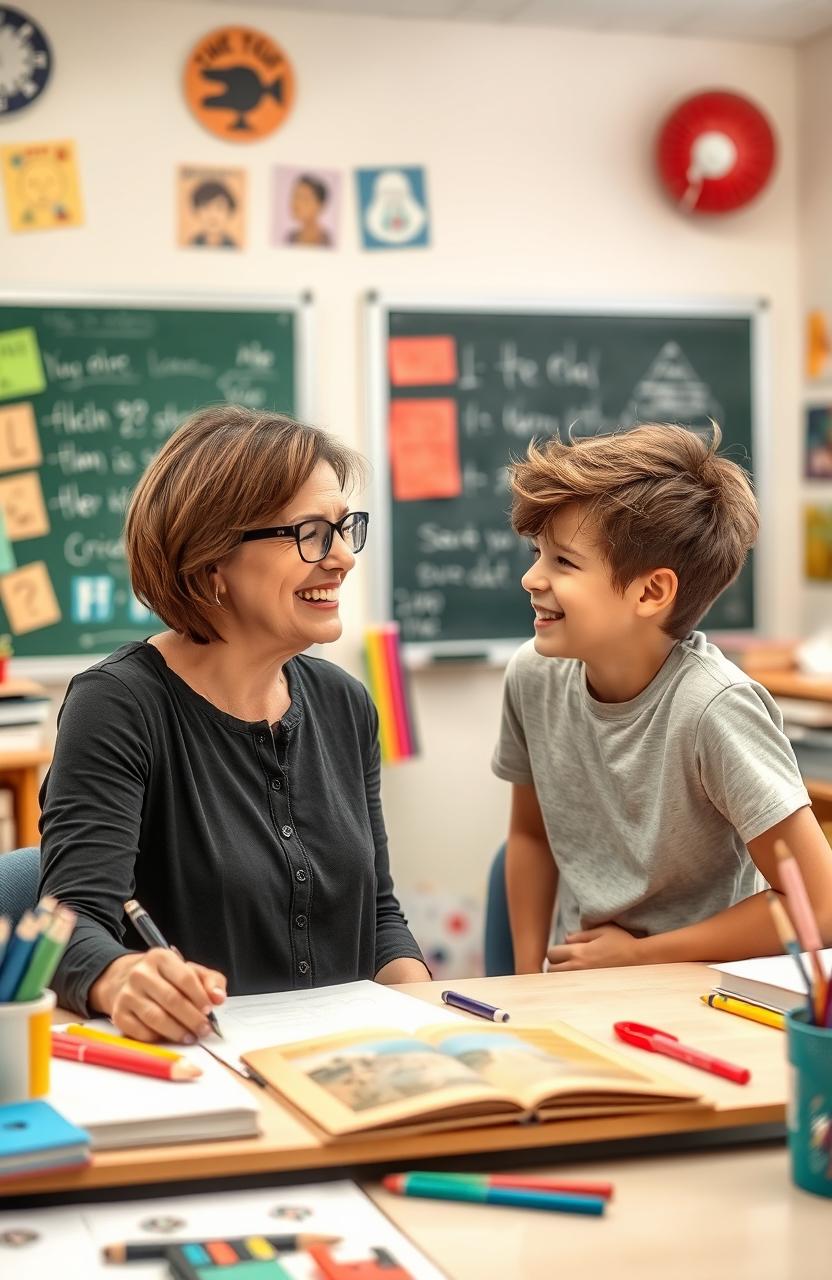 A warm and friendly scene depicting a teacher and a student sharing a light-hearted moment in a cozy classroom