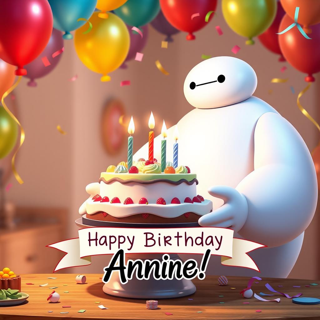 A charming birthday celebration poster for Annie's 40th birthday, featuring Baymax from Disney's *Big Hero 6*, who is mouthless