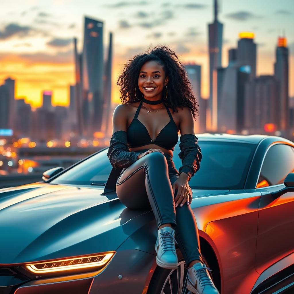 A beautiful young Black woman with stylish futuristic clothing, sitting comfortably on the hood of a sleek, high-tech car in a vibrant cityscape of the future