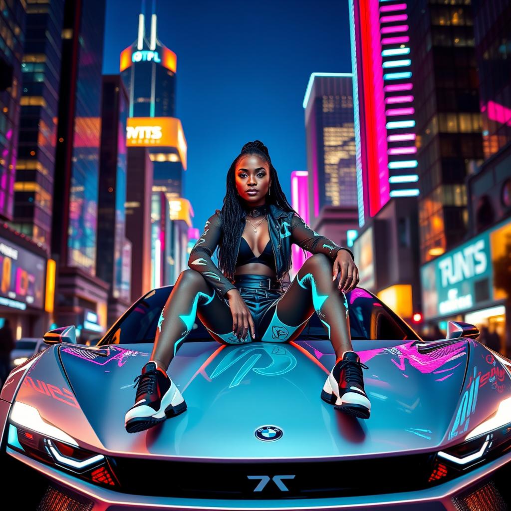 A stylish young Black woman with a confident demeanor, sitting on the hood of a futuristic car
