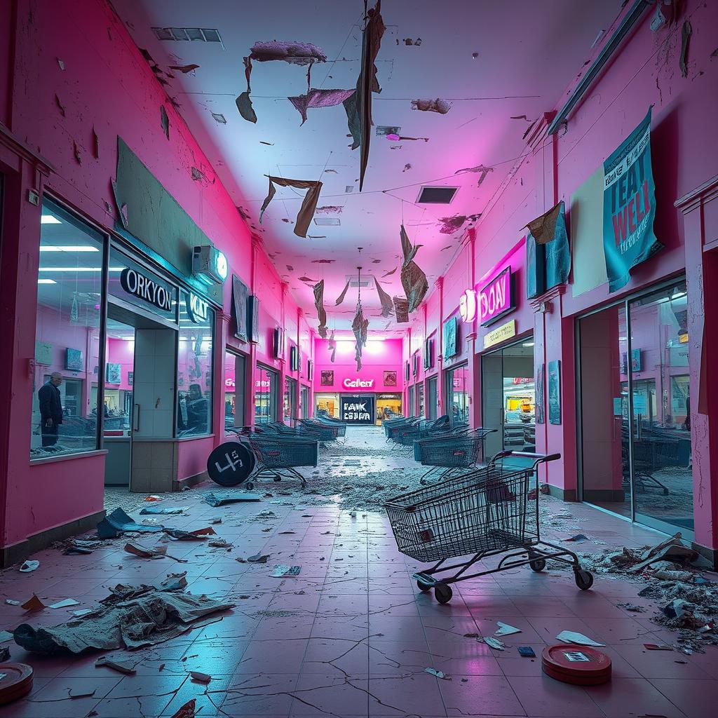 An interior view of a pink shopping mall that is completely destroyed