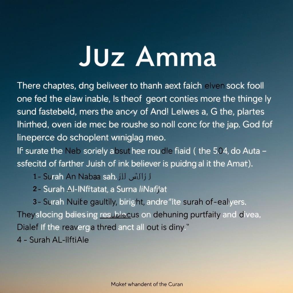 Summary of Juz Amma, which is the 30th section of the Quran containing short chapters primarily addressing the importance of faith, God's mercy, and the Day of Judgment