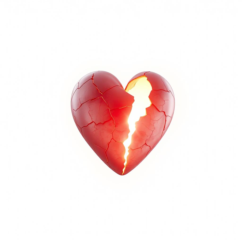 A broken heart floating gently against a pristine white background, featuring cracks and fissures that reveal a soft glow emanating from within, with delicate wisps of light surrounding it, creating an ethereal and melancholic atmosphere