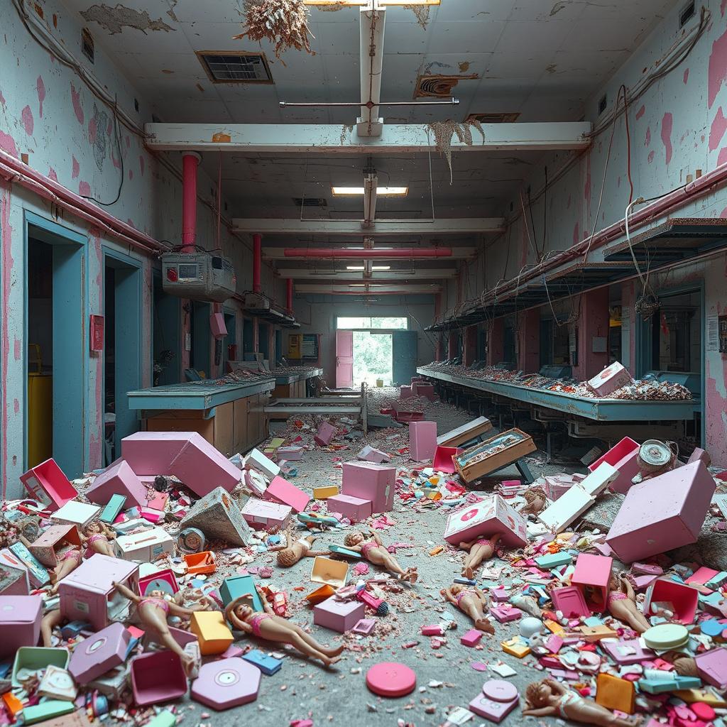 An interior view of a destroyed Barbie factory, featuring broken assembly lines and scattered toys