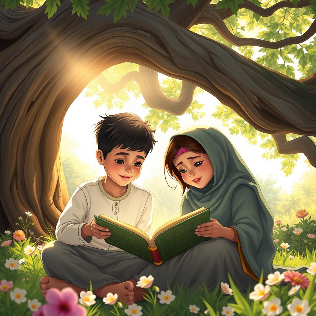 A peaceful and serene scene depicting children of diverse descents, including a Middle-Eastern boy and a South Asian girl, reading the Quran together under a large, ancient tree