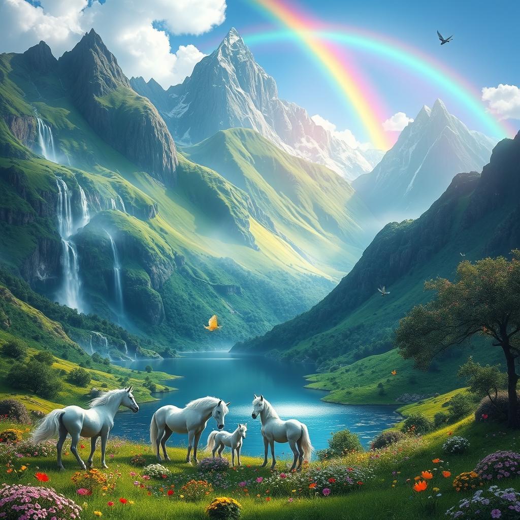 A breathtaking fantasy landscape featuring a lush green valley with towering mountains in the background, cascading waterfalls that sparkle in the sunlight, and a vibrant rainbow arching across a clear blue sky