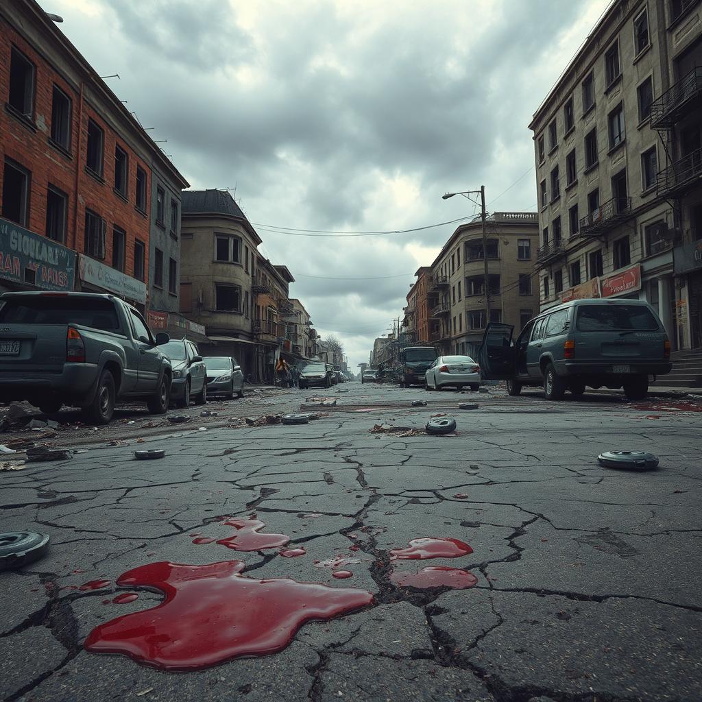 A graphic depiction of a destroyed street scene, featuring cracked pavement, abandoned vehicles, and debris scattered everywhere