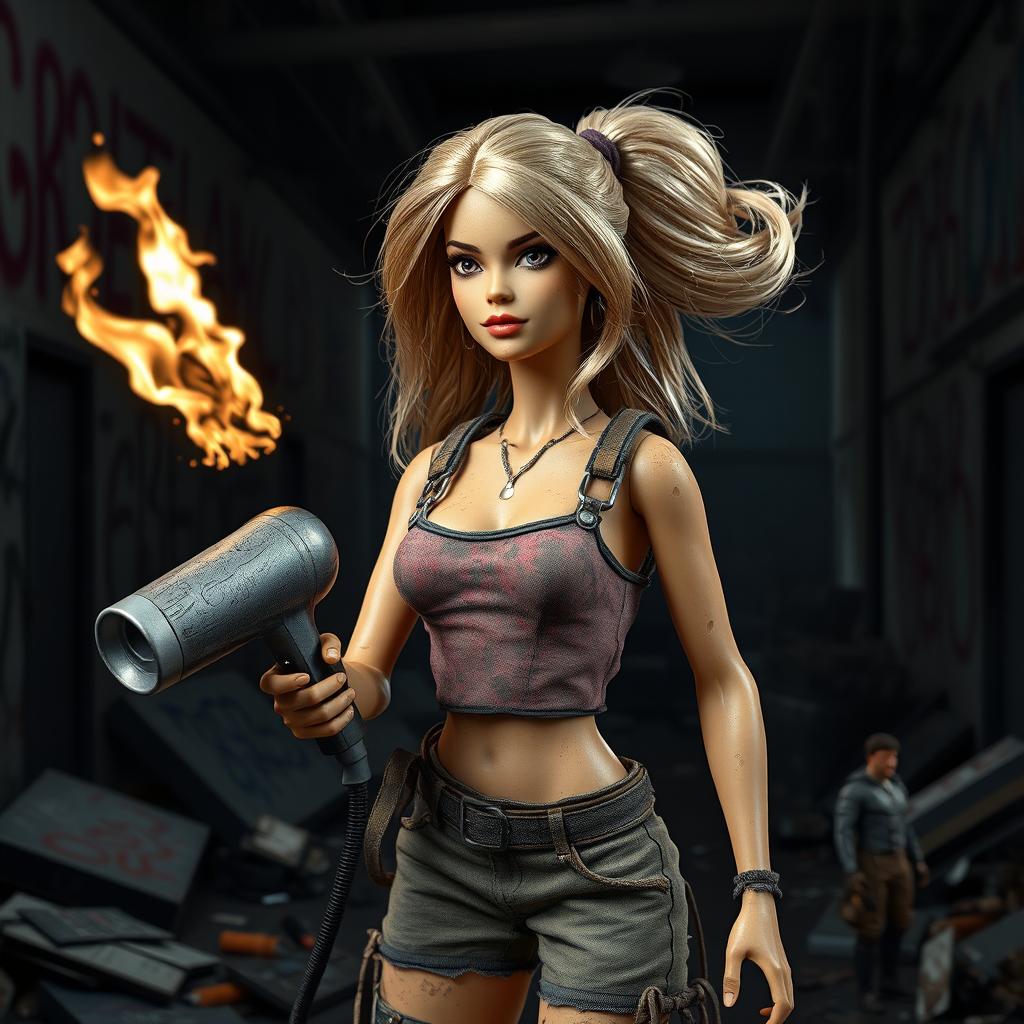 A realistic rendition of a deteriorated Barbie doll designed as a character for a video game