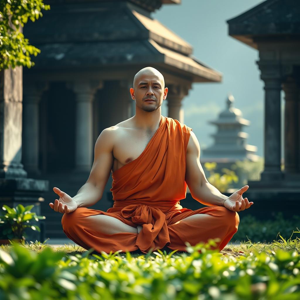 A muscular Shaolin monk meditating in a serene lotus pose, set against a tranquil temple backdrop