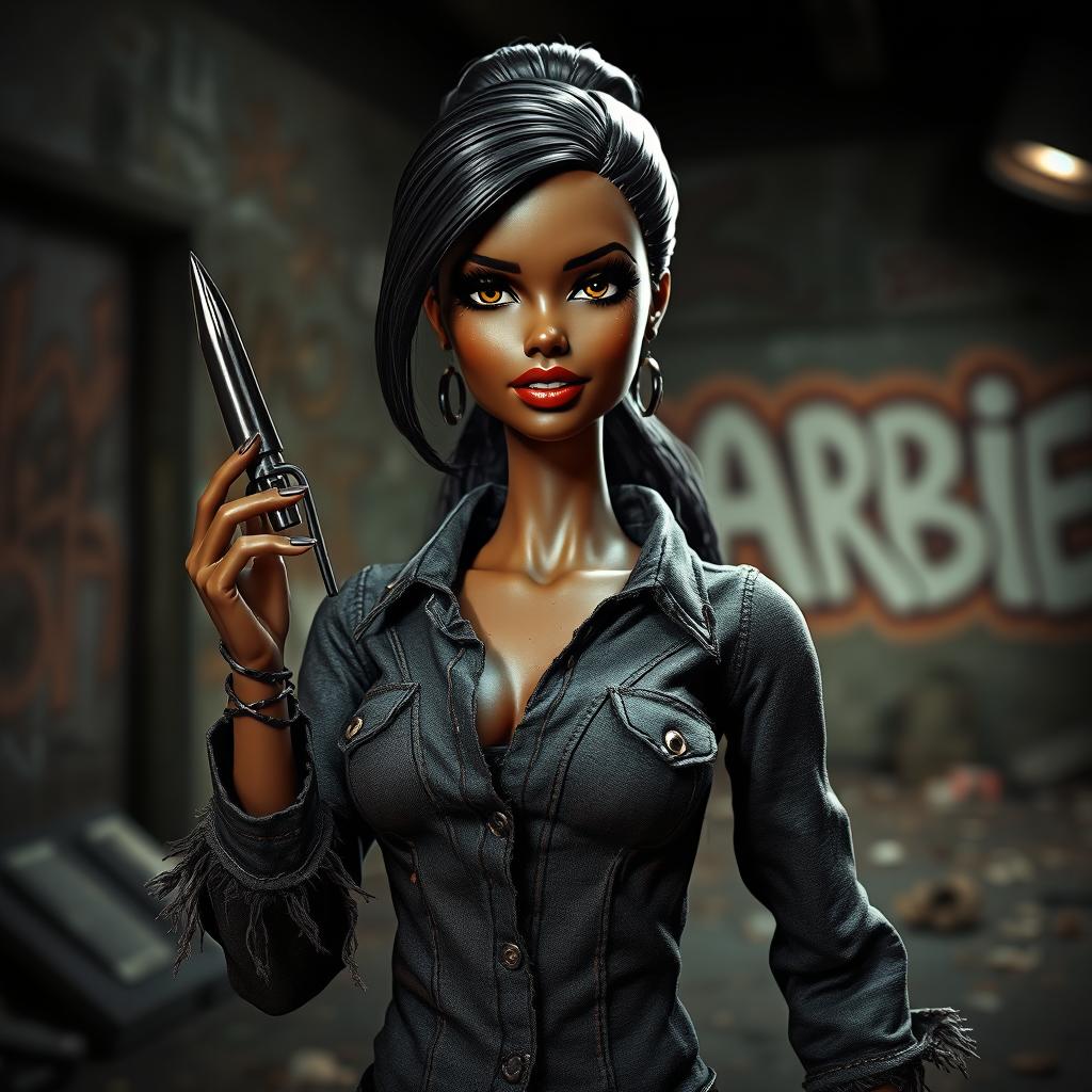 A realistic portrayal of a black Barbie doll in a deteriorated state, designed for a gritty video game