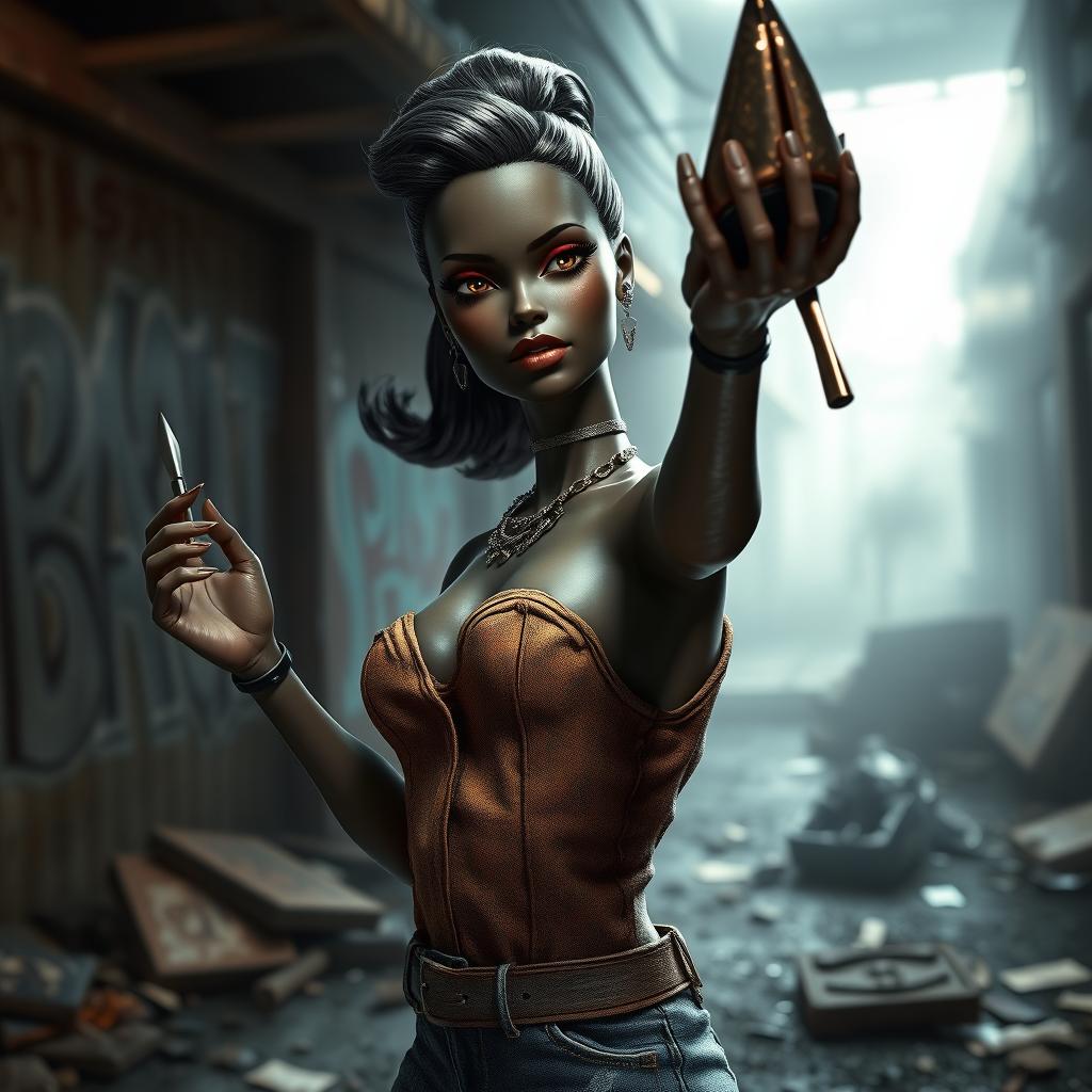 A realistic depiction of a black Barbie doll in a deteriorated state, crafted for a mature-themed video game