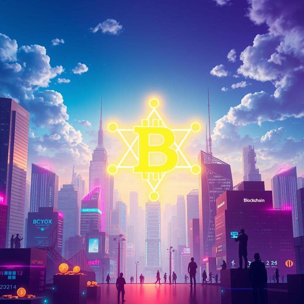 A futuristic cityscape focused on blockchain technology, with a massive digital monad symbol glowing prominently in the foreground, contrasting against a backdrop of skyscrapers adorned with neon lights and holographic displays