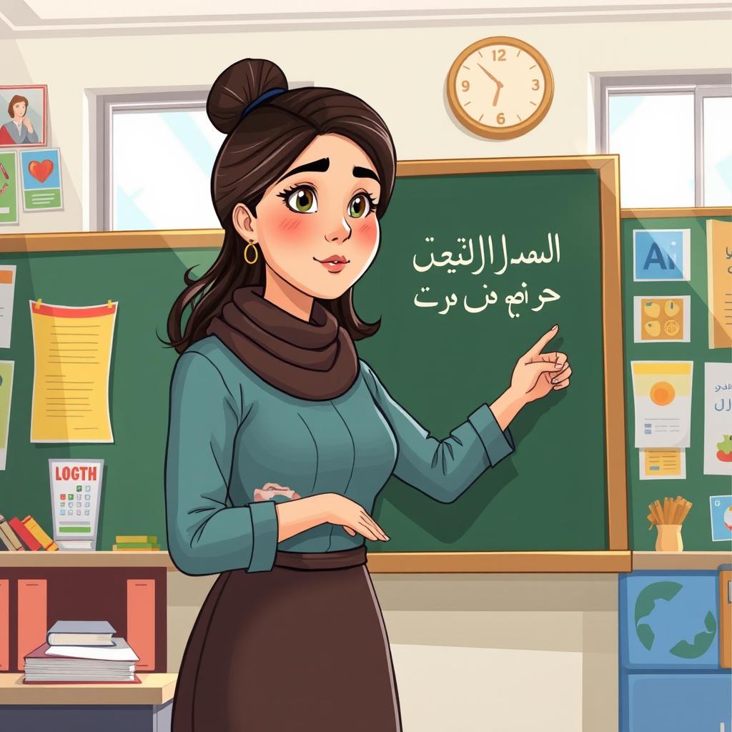 An illustration of an Iranian female teacher standing in front of a blackboard, actively engaged in teaching while pointing at the board with her right hand