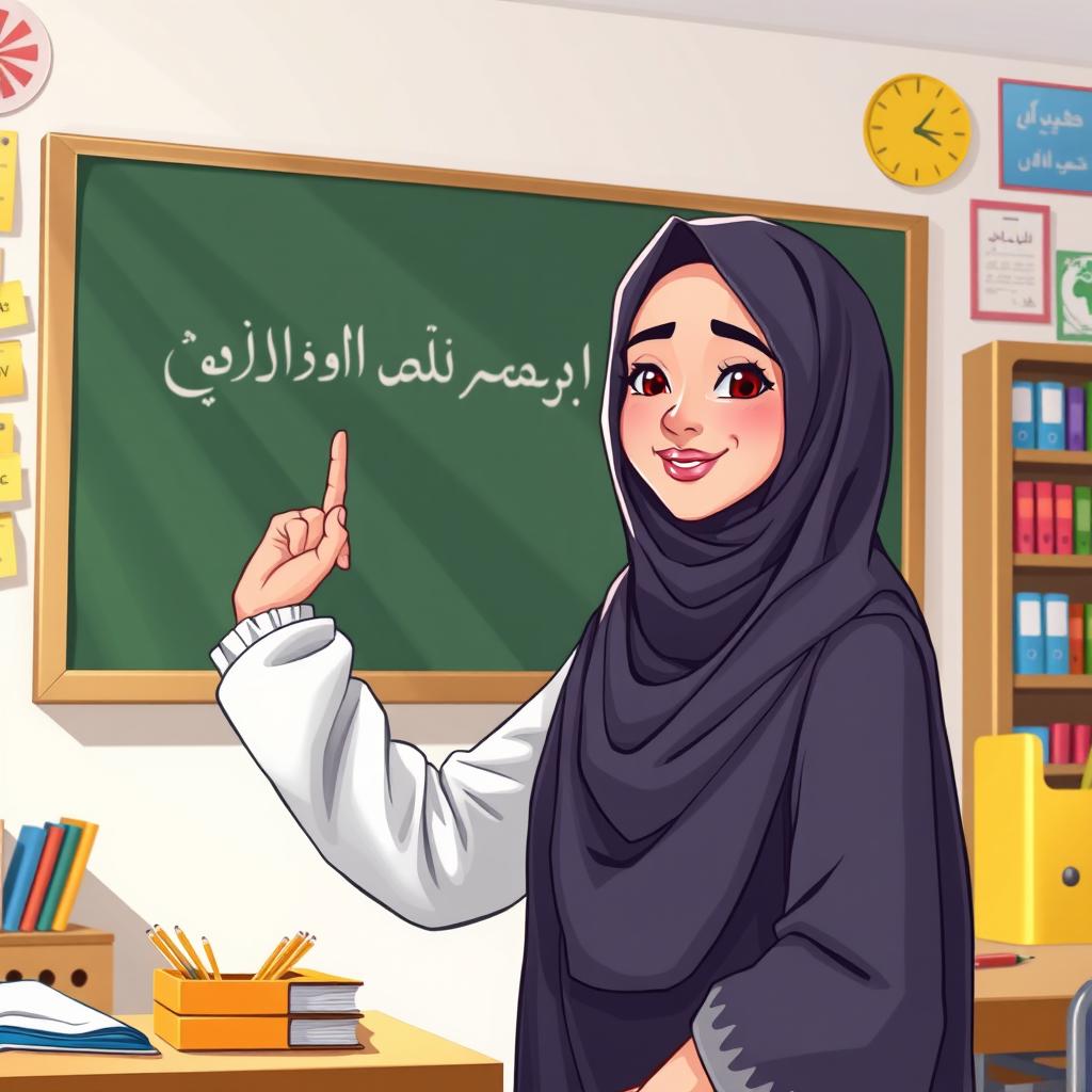 An illustration of an Iranian female teacher wearing a full hijab, actively teaching in front of a blackboard while pointing at the board with her right hand