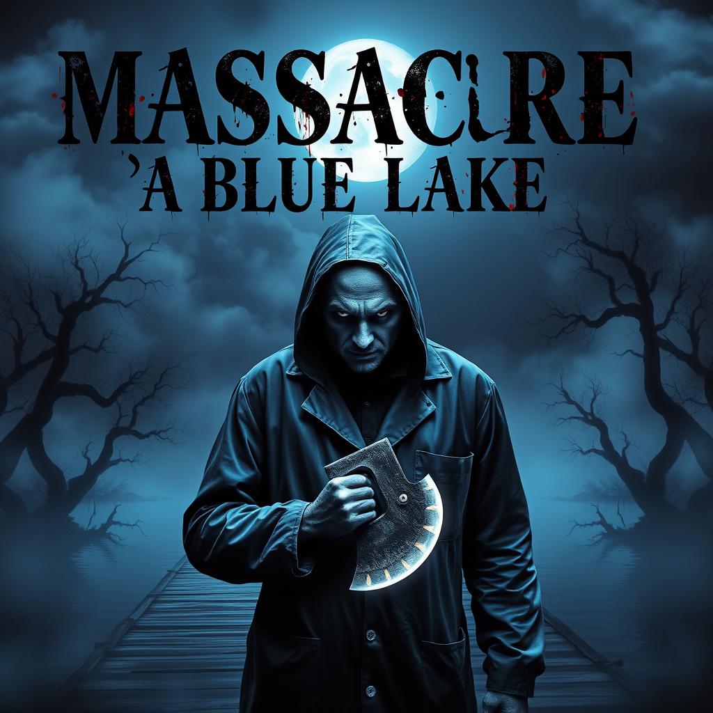 An eerie and chilling ebook cover for a horror story titled "Massacre à Blue Lake"
