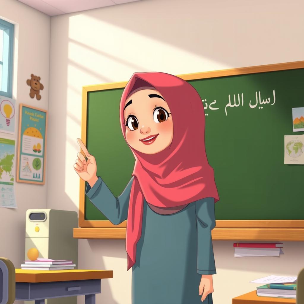 An animated scene of an Iranian female teacher wearing a full hijab, standing in front of a blackboard