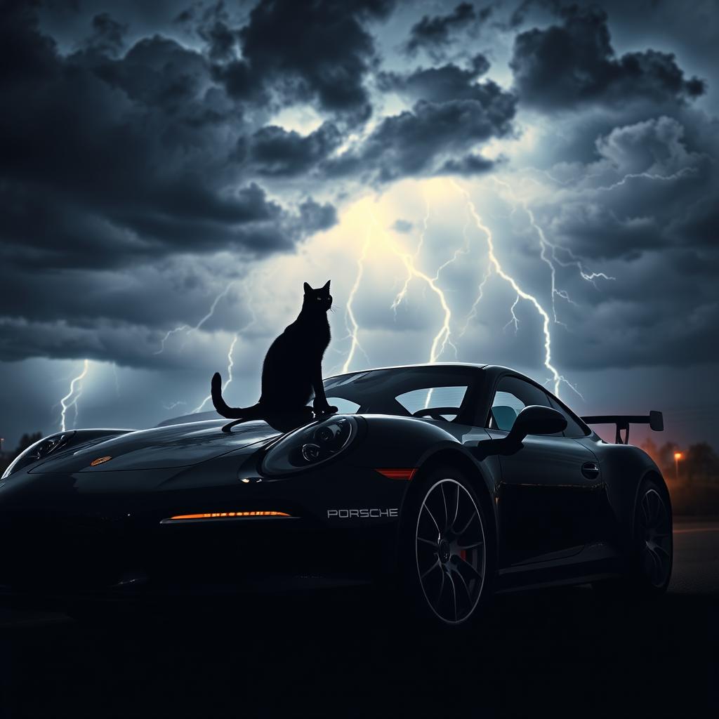 A dramatic scene featuring a sleek Porsche parked under a dark night sky filled with ominous clouds