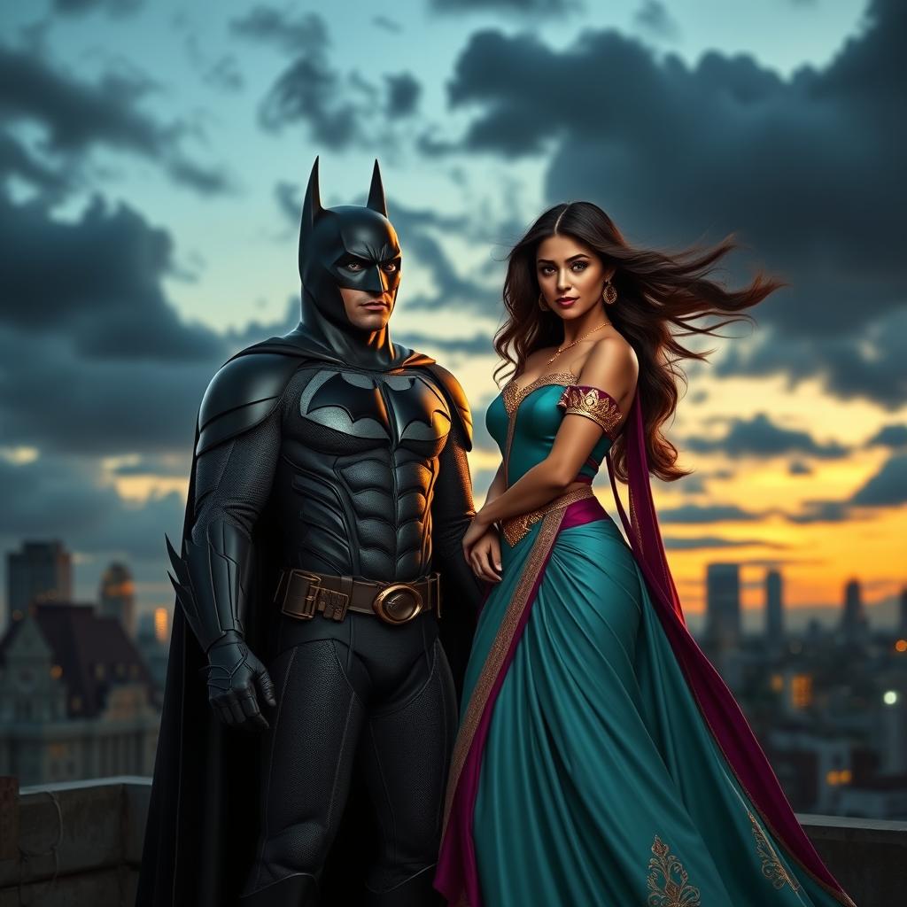 A dramatic scene featuring Batman standing protectively in front of Jasmine, who is wearing an elegant and flowing royal outfit inspired by Aladdin