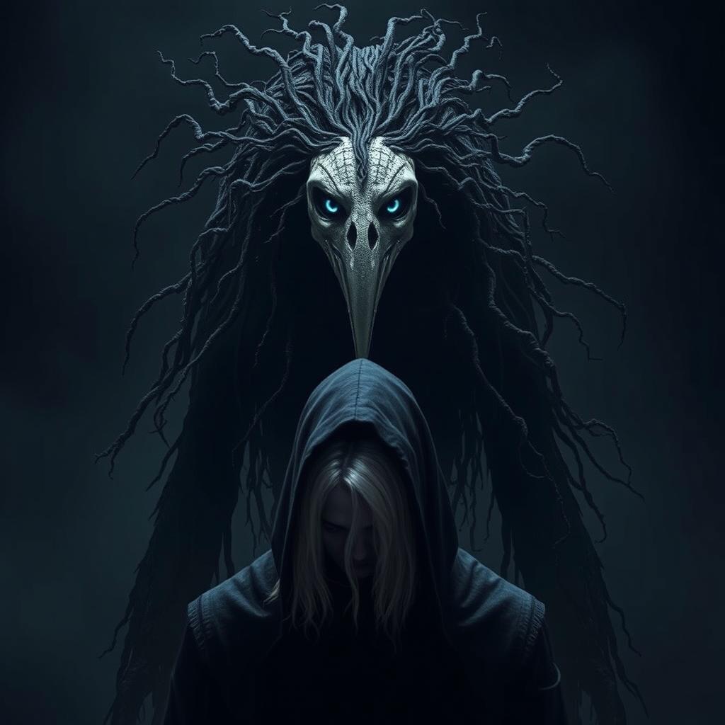 A tall, shadowy creature with a skeletal bird-like mask and glowing white eyes, covered in dark, tattered tendrils that dissolve into the air, creating an eerie otherworldly presence