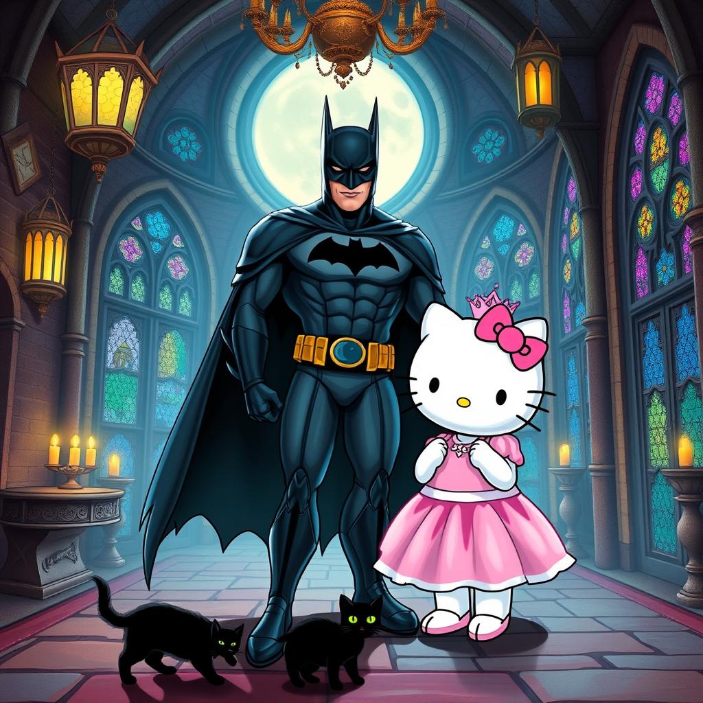 A whimsical scene featuring Batman and Hello Kitty inside an enchanted castle