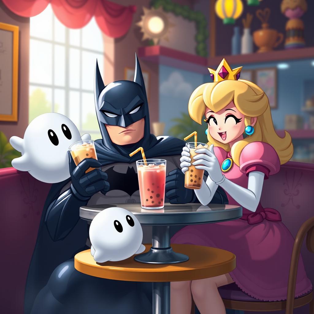 An enchanting scene featuring Batman, Princess Peach, and Boo from Super Mario sitting together at a cozy café table, enjoying bubble tea
