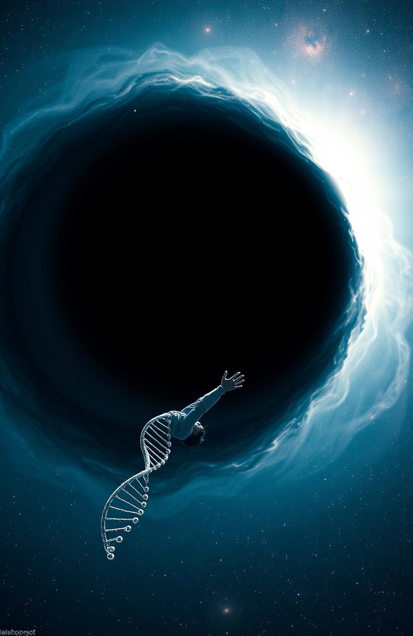 A mesmerizing scene of a black hole in the vast expanse of space, with a solitary figure gracefully falling into it