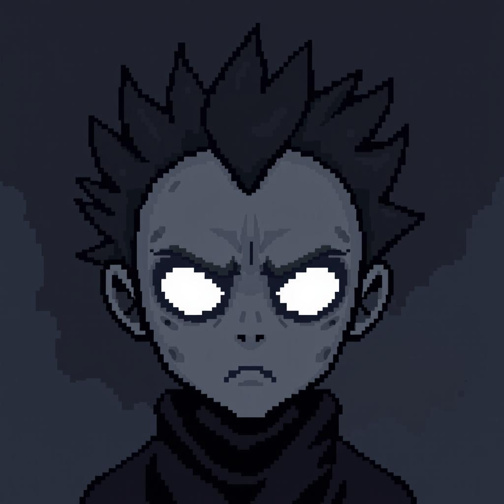 A mysterious character in pixel art style, featuring a gray face with glowing white eyes and minimal facial features, portrayed in a haunting or supernatural manner