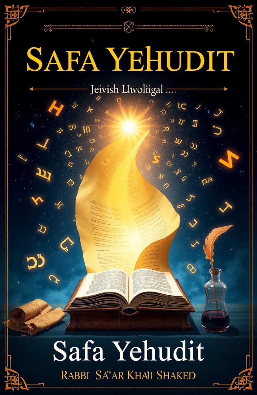A stunning book cover for 'Safa Yehudit – Jewish Theological Lexicon' by Rabbi Sa'ar Khai Shaked, featuring a golden parchment scroll unrolling into infinity, symbolizing the eternal unfolding of Jewish wisdom
