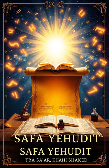 A stunning book cover for 'Safa Yehudit – Jewish Theological Lexicon' by Rabbi Sa'ar Khai Shaked, featuring a golden parchment scroll unrolling into infinity, symbolizing the eternal unfolding of Jewish wisdom